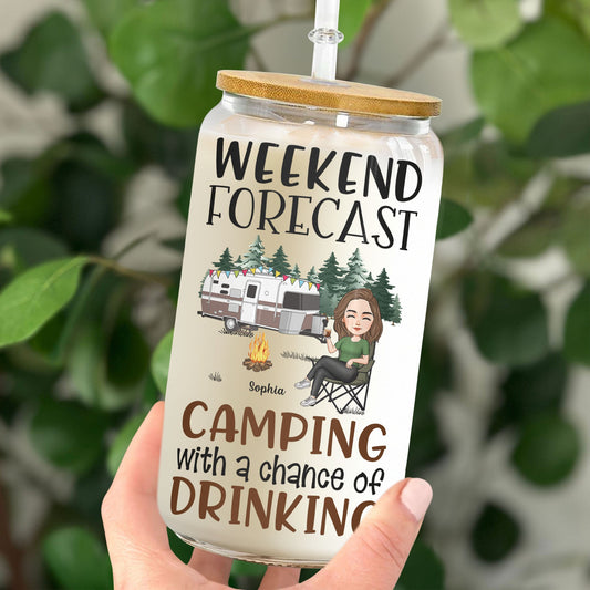 Weekend Forecast Camping With A Chance Of Drinking - Personalized Clear Glass Cup