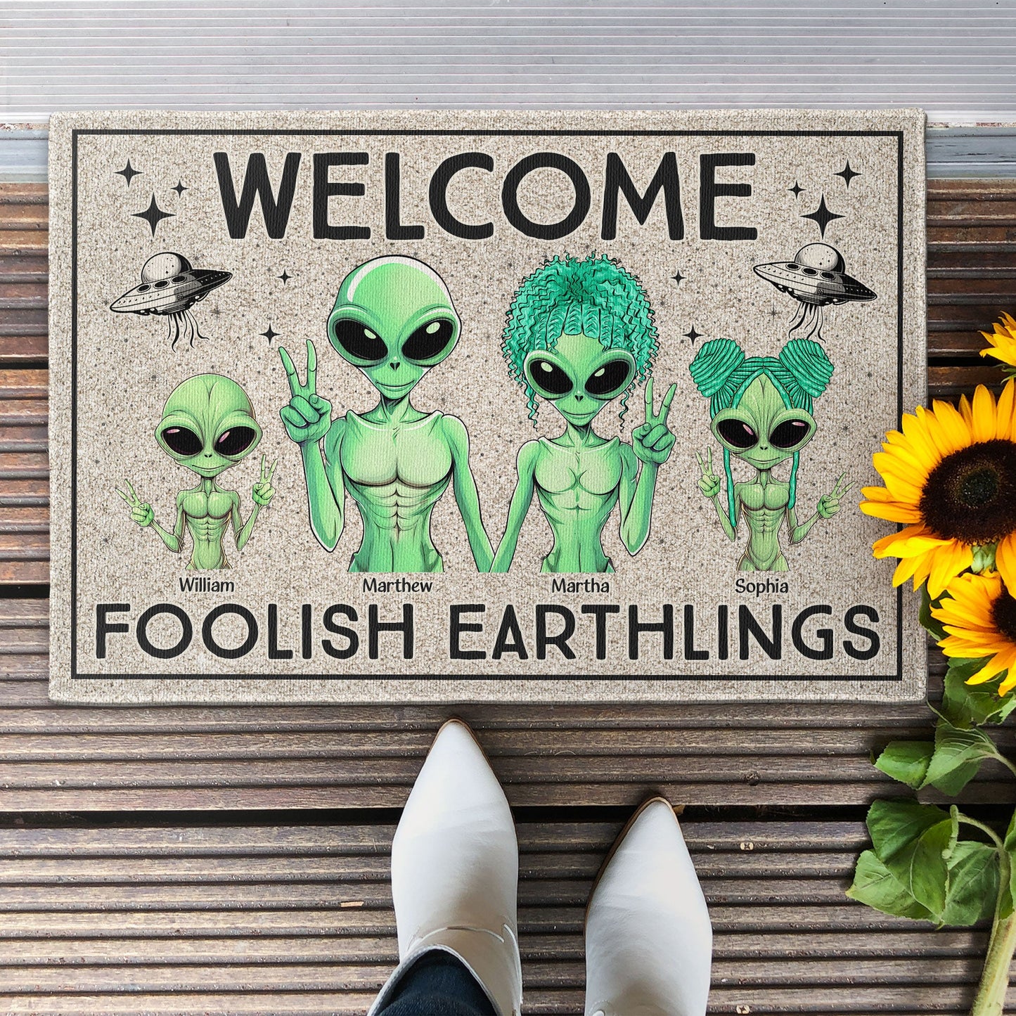 Welcome Foolish Earthlings - Personalized Doormat