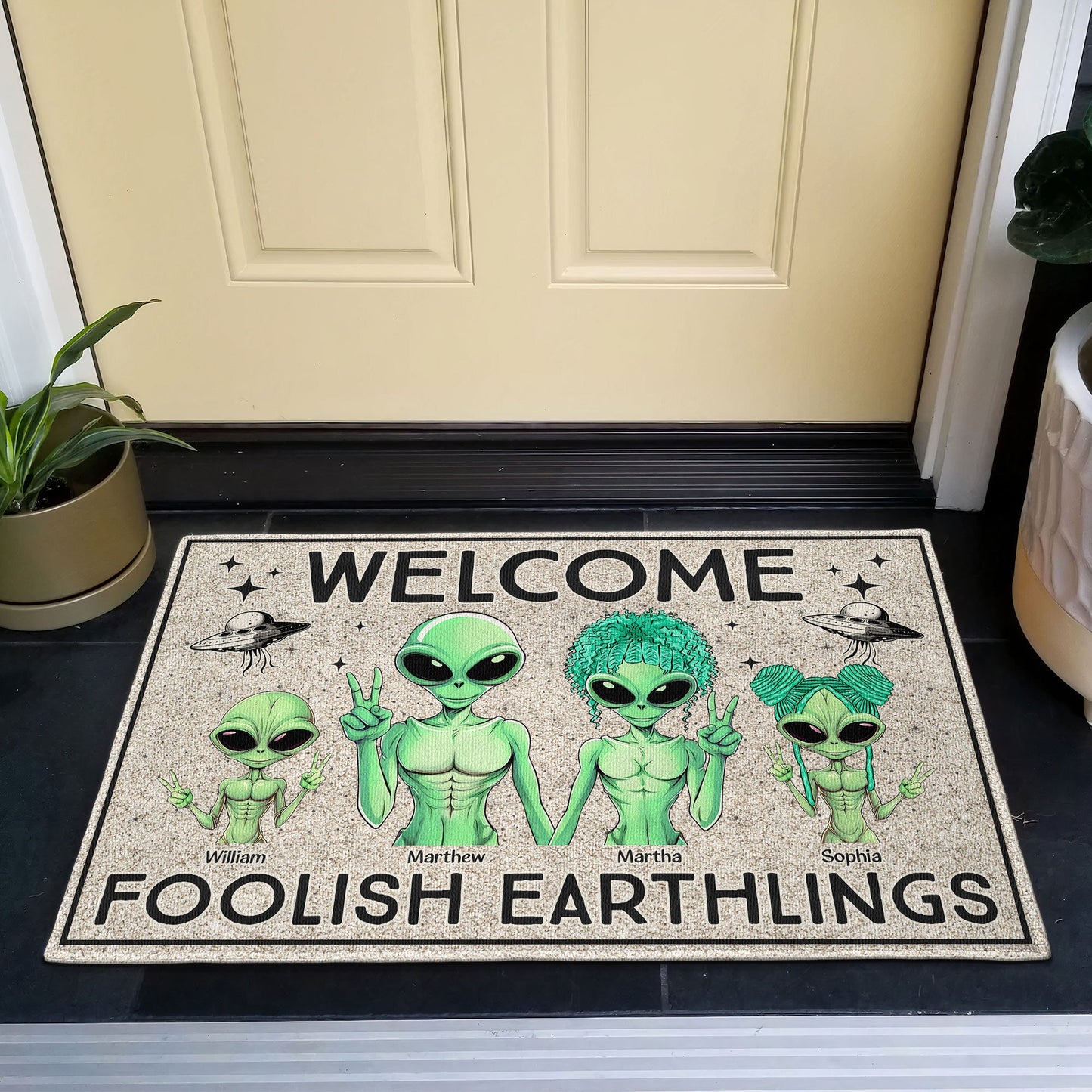 Welcome Foolish Earthlings - Personalized Doormat