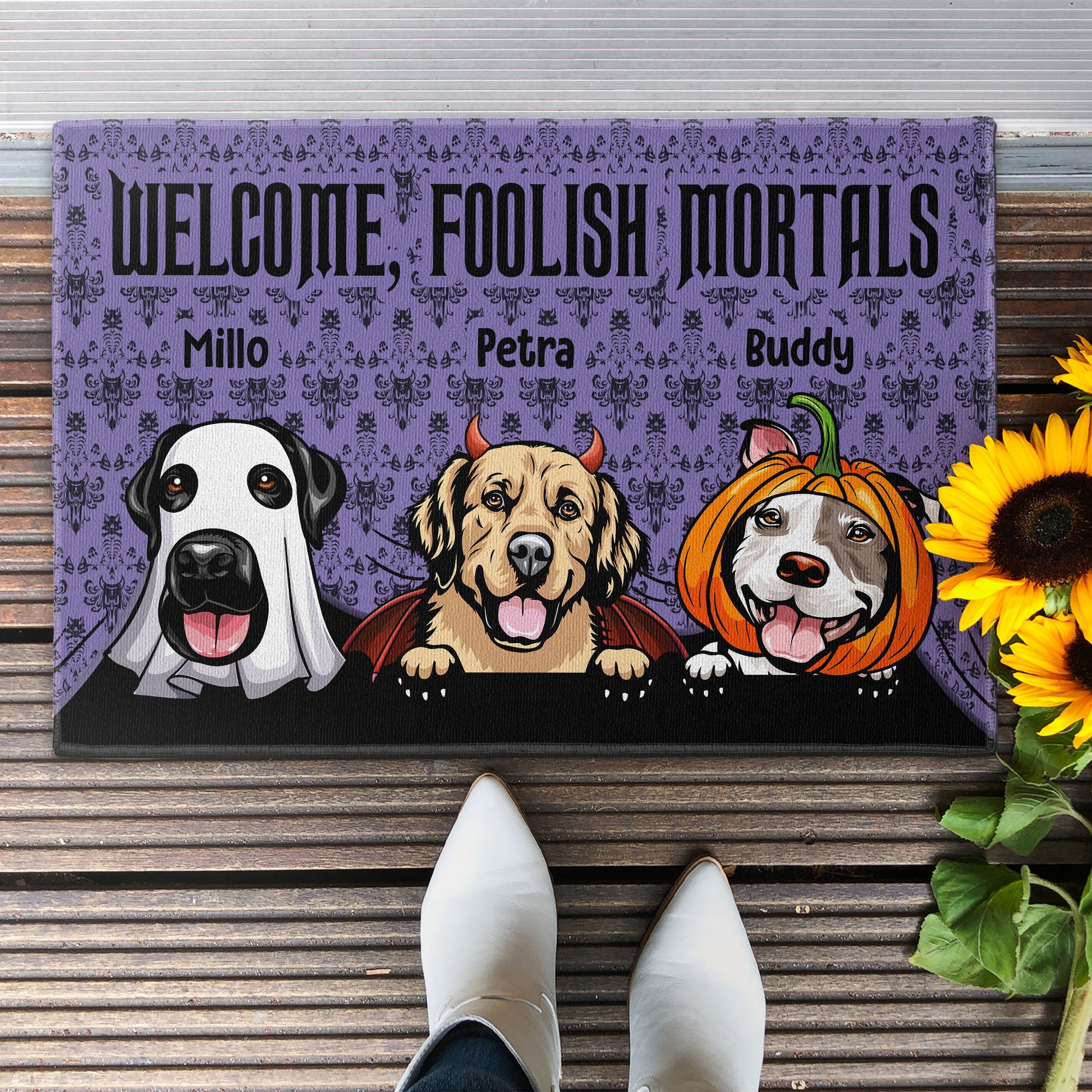 Welcome Foolish Mortals Dog - Personalized Doormat