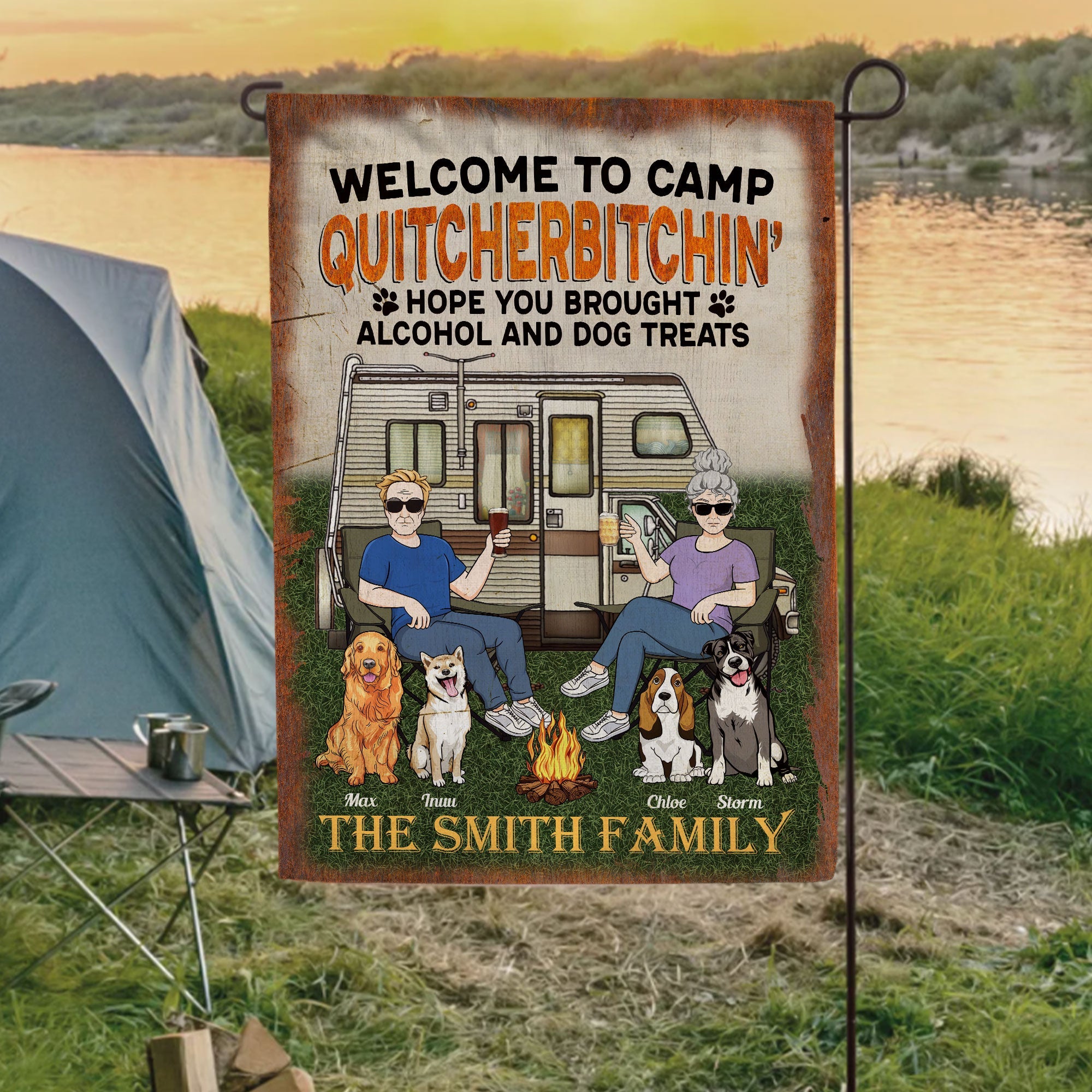 Welcome To Camp Quitcherbitchin' - Personalized Flag - Summer Outdoor Decoration Gift For Family, Camping Lovers, Dog Lovers, Dog Owner 