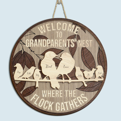Welcome To Grandparents Nest Where The Flock Gathers - Personalized 2 Layers Wood Sign