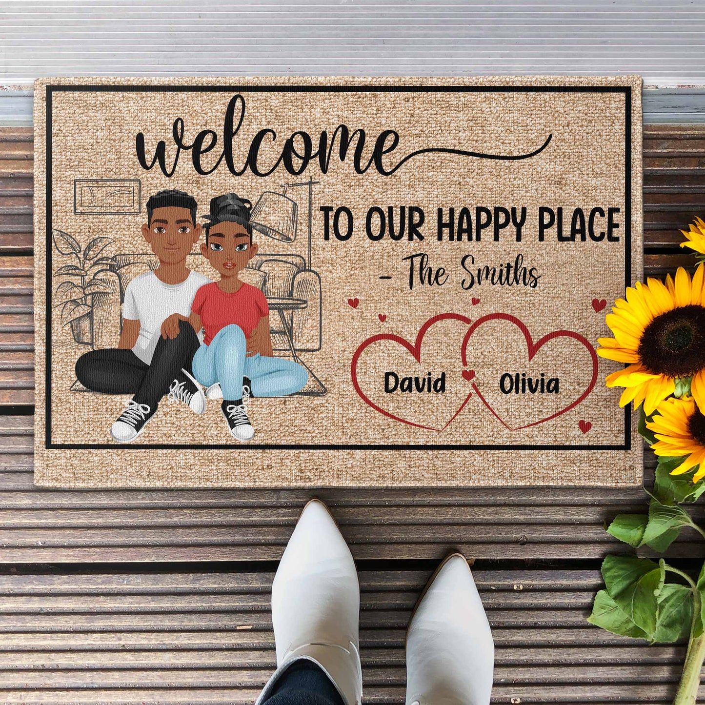 Welcome To Our Happy Place - Personalized Doormat