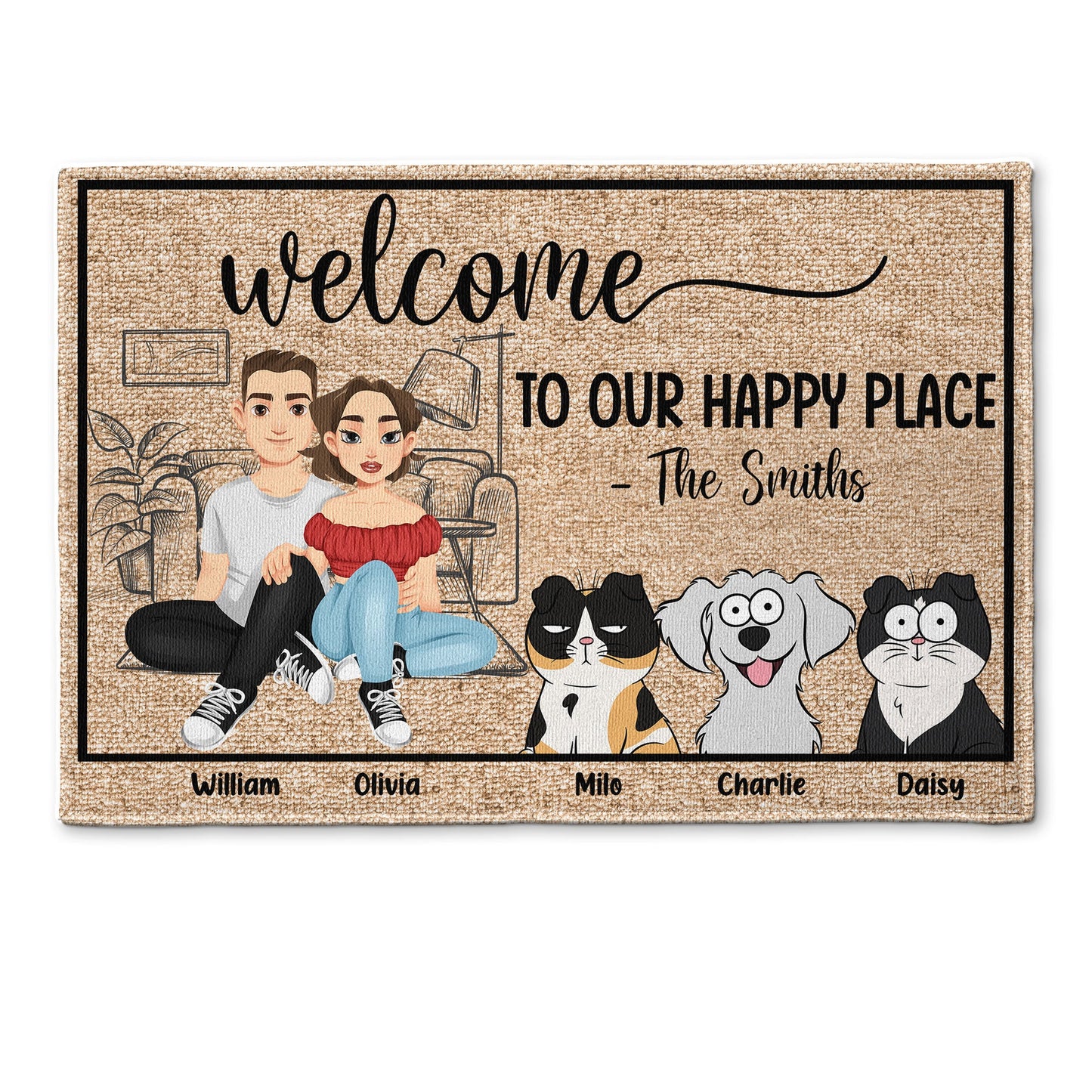 Welcome To Our Happy Place - Personalized Doormat