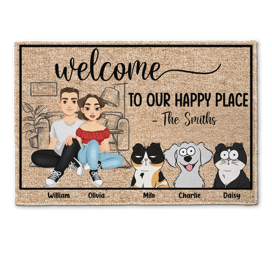 Welcome To Our Happy Place - Personalized Doormat