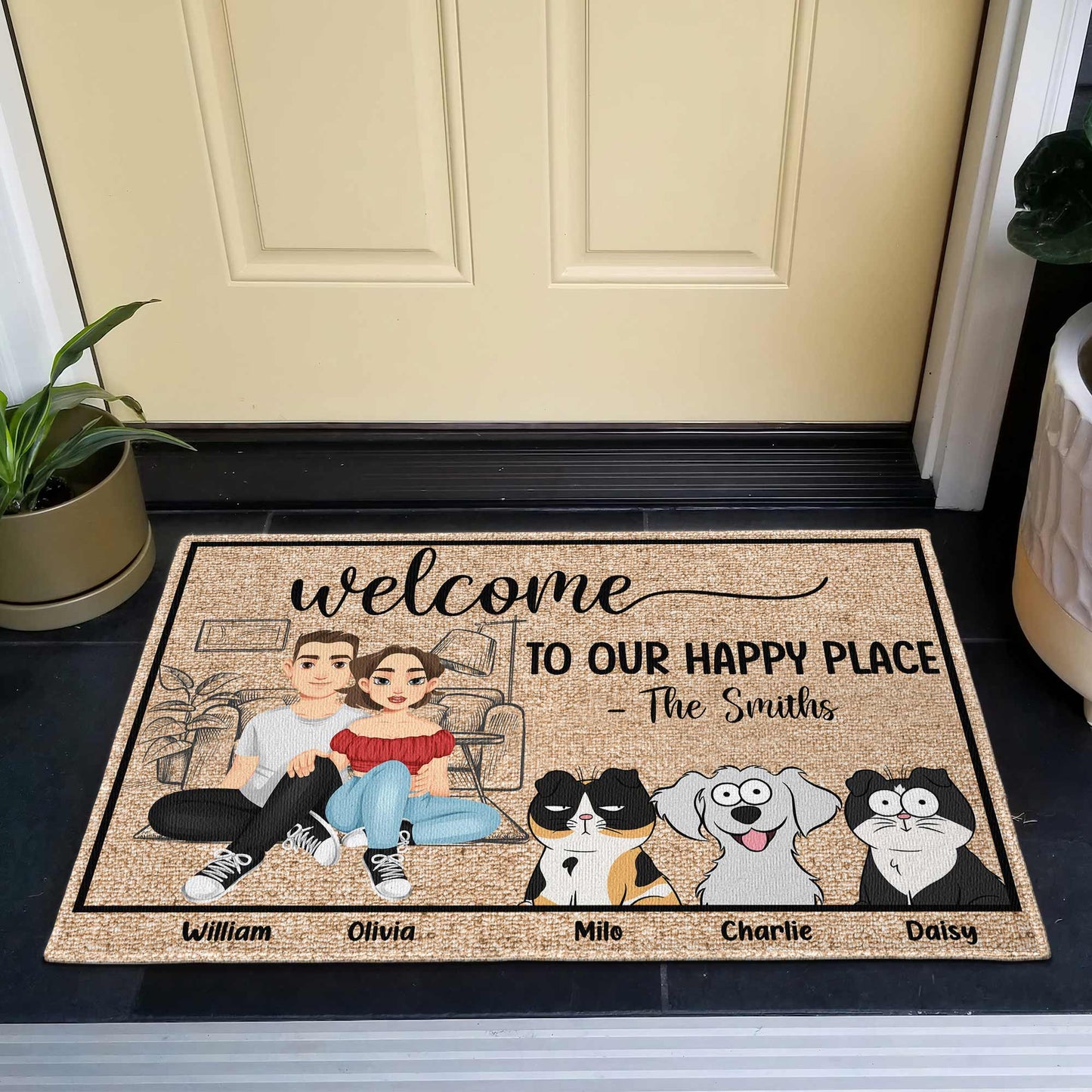 Welcome To Our Happy Place - Personalized Doormat