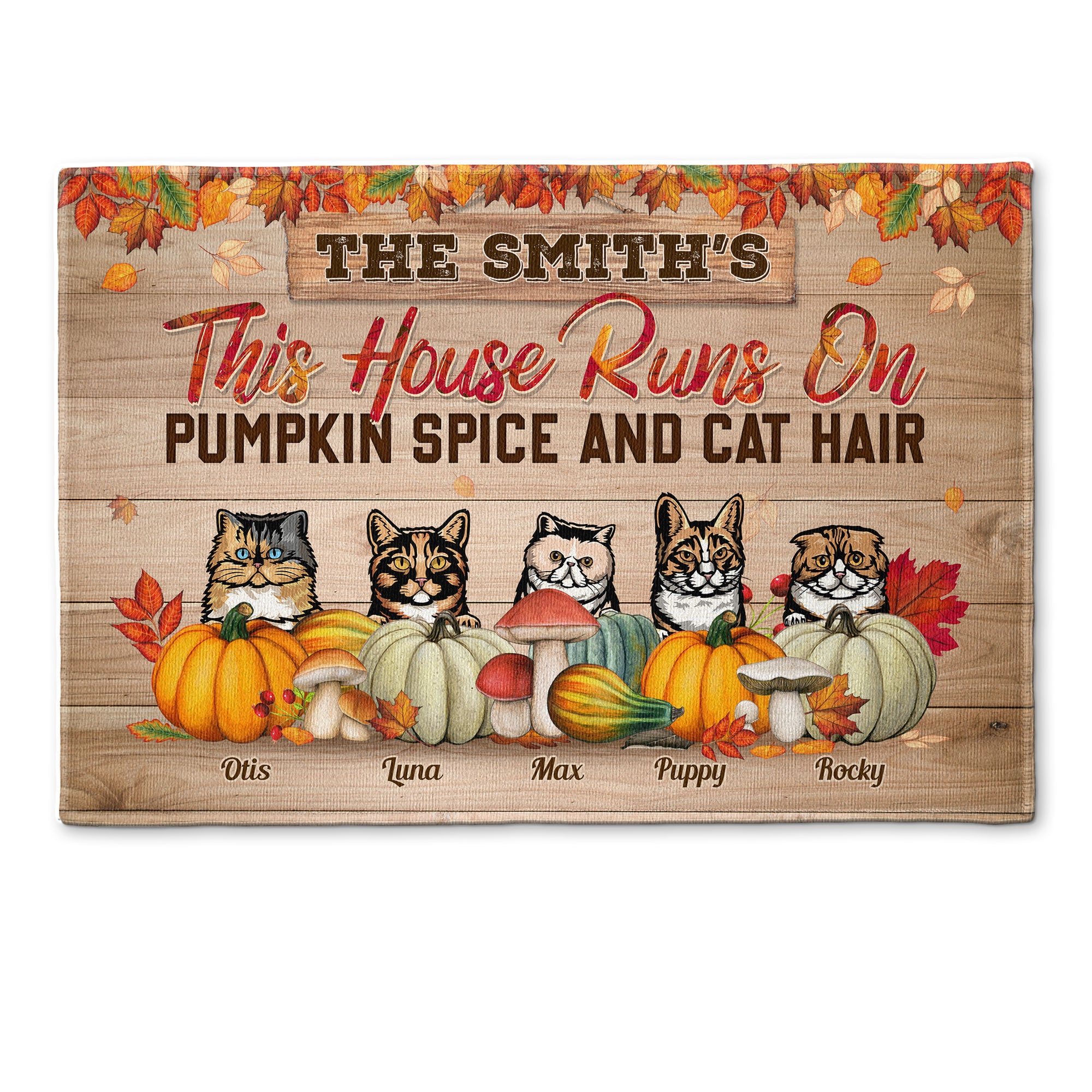 This House Runs On Pumpkin Spice & Cat Hair - Personalized Doormat - Fall Season Gift For Family, Dad, Mom, Grandpa, Grandma, Cat Owner, Cat Lover, Porch Decorations, Fall Rug