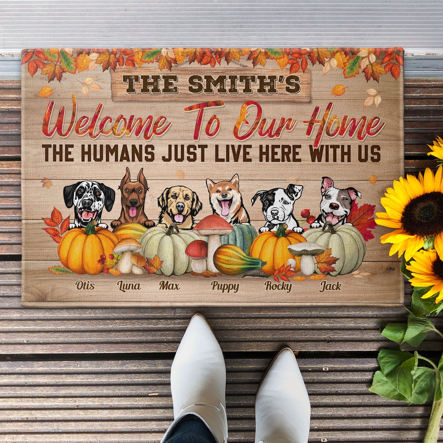 Welcome To Our Home - Personalized Doormat - Fall Season Gift For Family, Dad, Mom, Grandpa, Grandma, Dog Owner, Dog Lover, Porch Decorations, Fall Rug