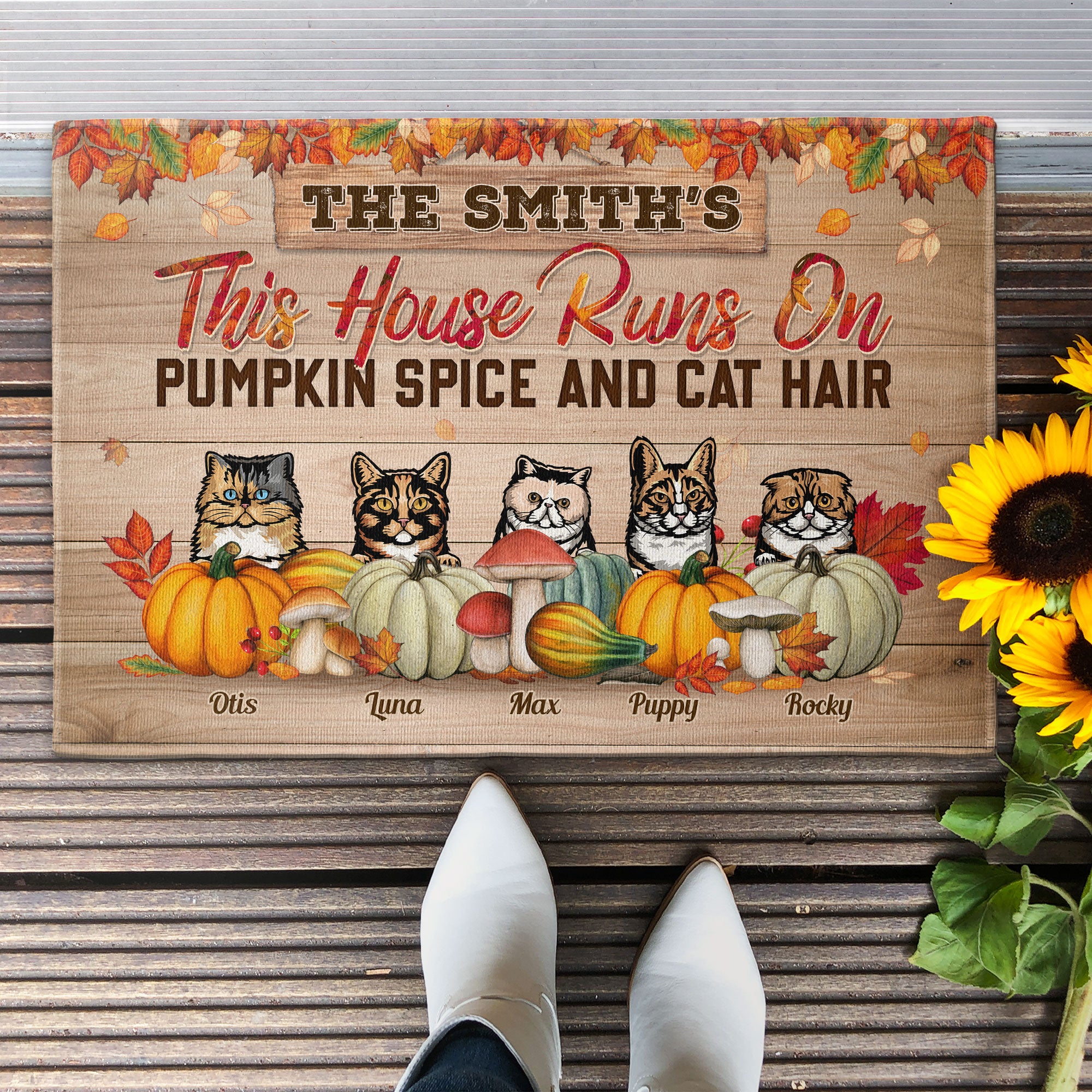 This House Runs On Pumpkin Spice & Cat Hair - Personalized Doormat - Fall Season Gift For Family, Dad, Mom, Grandpa, Grandma, Cat Owner, Cat Lover, Porch Decorations, Fall Rug