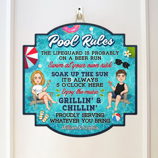 Welcome To Pool Rules Beach House Sign - Personalized Custom Shaped Wood Sign