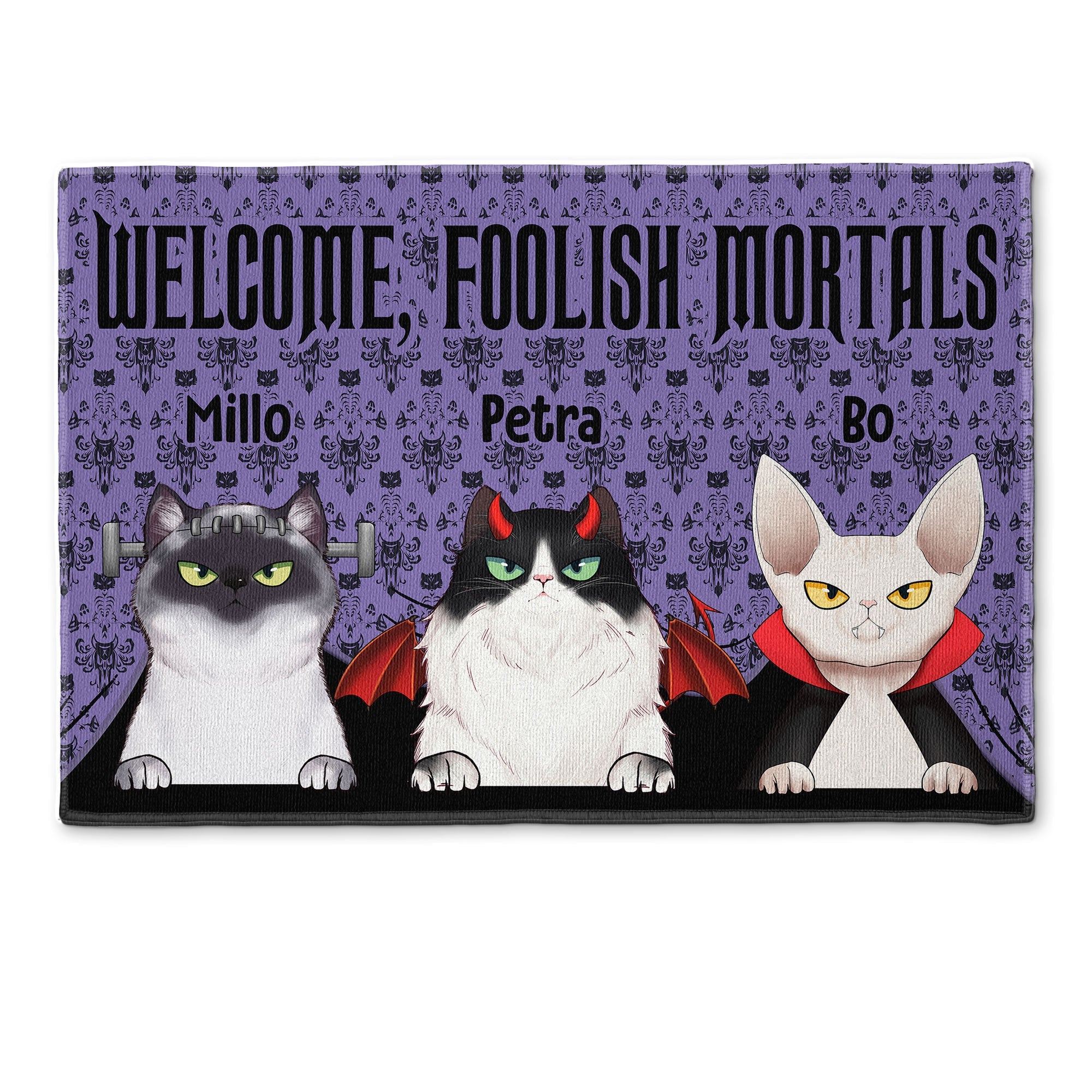 Welcome  Foolish  Mortals - Personalized Doormat - Cat  Doormat - Halloween  Gift  For  Cat  Lovers