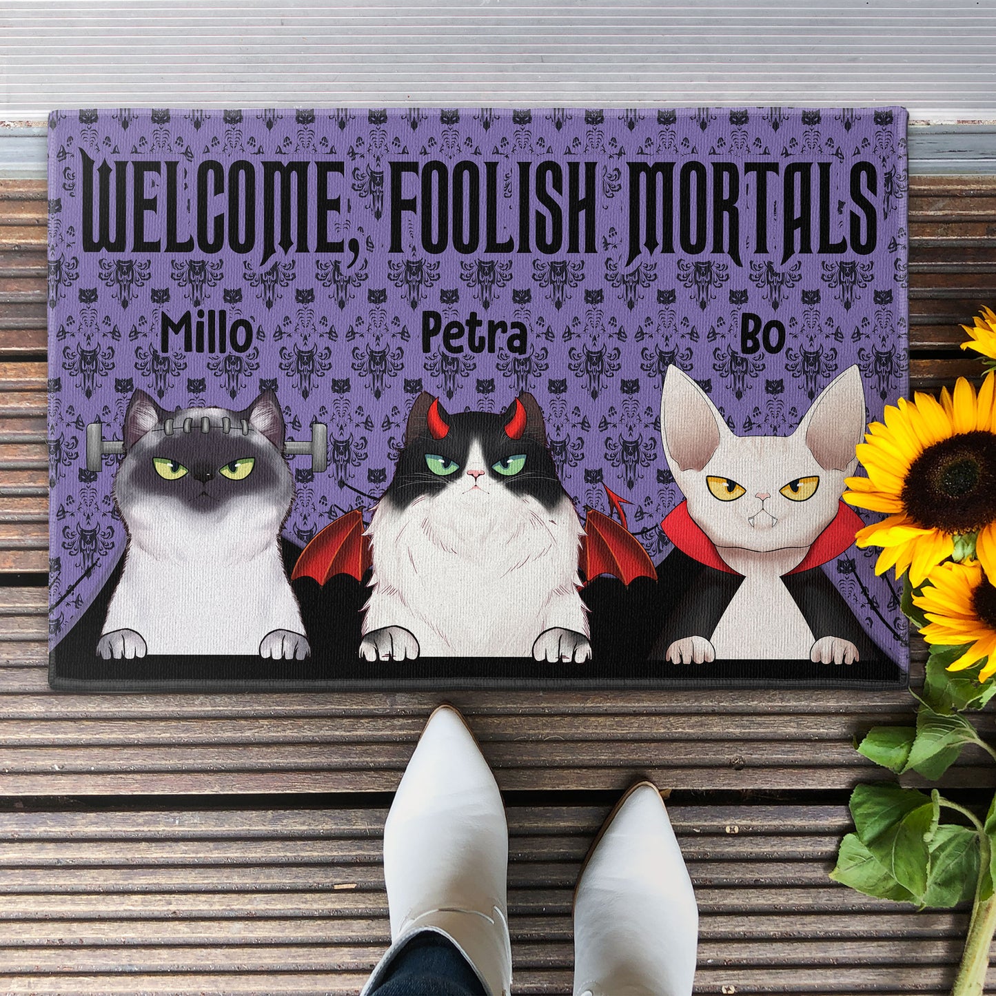 Welcome  Foolish  Mortals - Personalized Doormat - Cat  Doormat - Halloween  Gift  For  Cat  Lovers