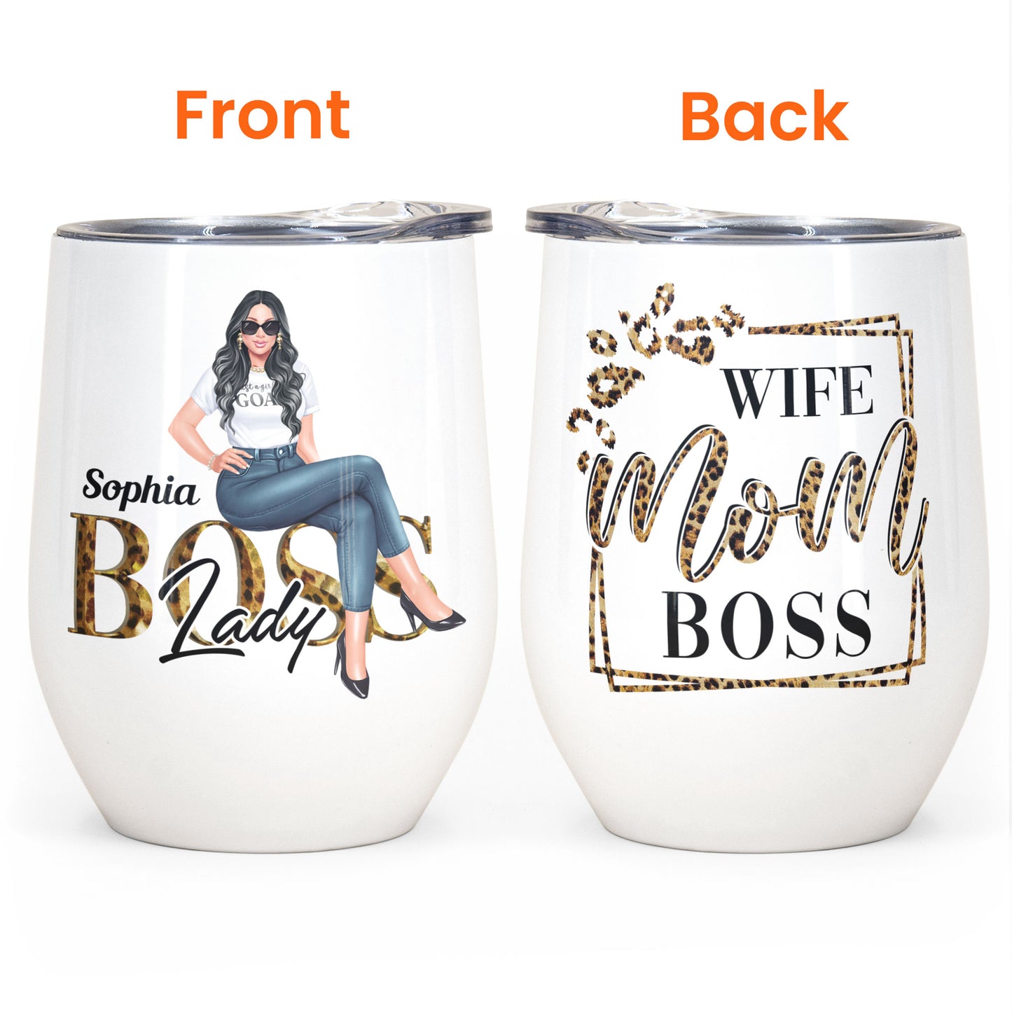 Wife Mom Boss Lady - Personalized Wine Tumbler - Birthday Gift For Mom, Boss, Wife - Leopard Design