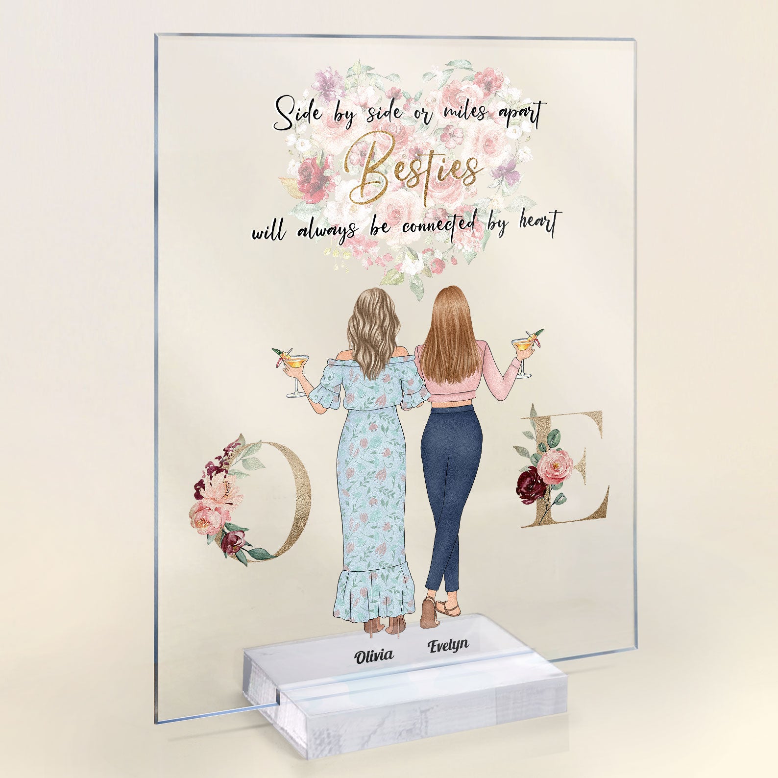 Will Always Be Connected By Heart - Personalized Acrylic Plaque - Birthday Missing Gift For Besties, Best Friends, BFF, Soul Sisters