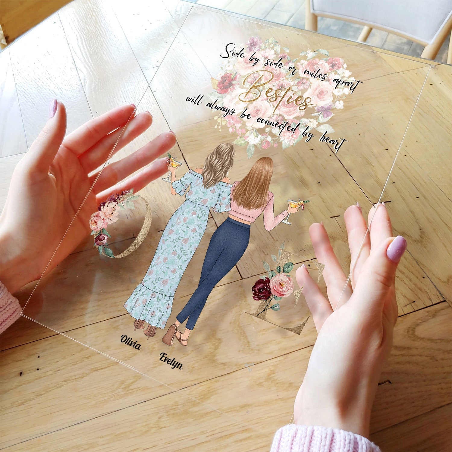 Will Always Be Connected By Heart - Personalized Acrylic Plaque - Birthday Missing Gift For Besties, Best Friends, BFF, Soul Sisters