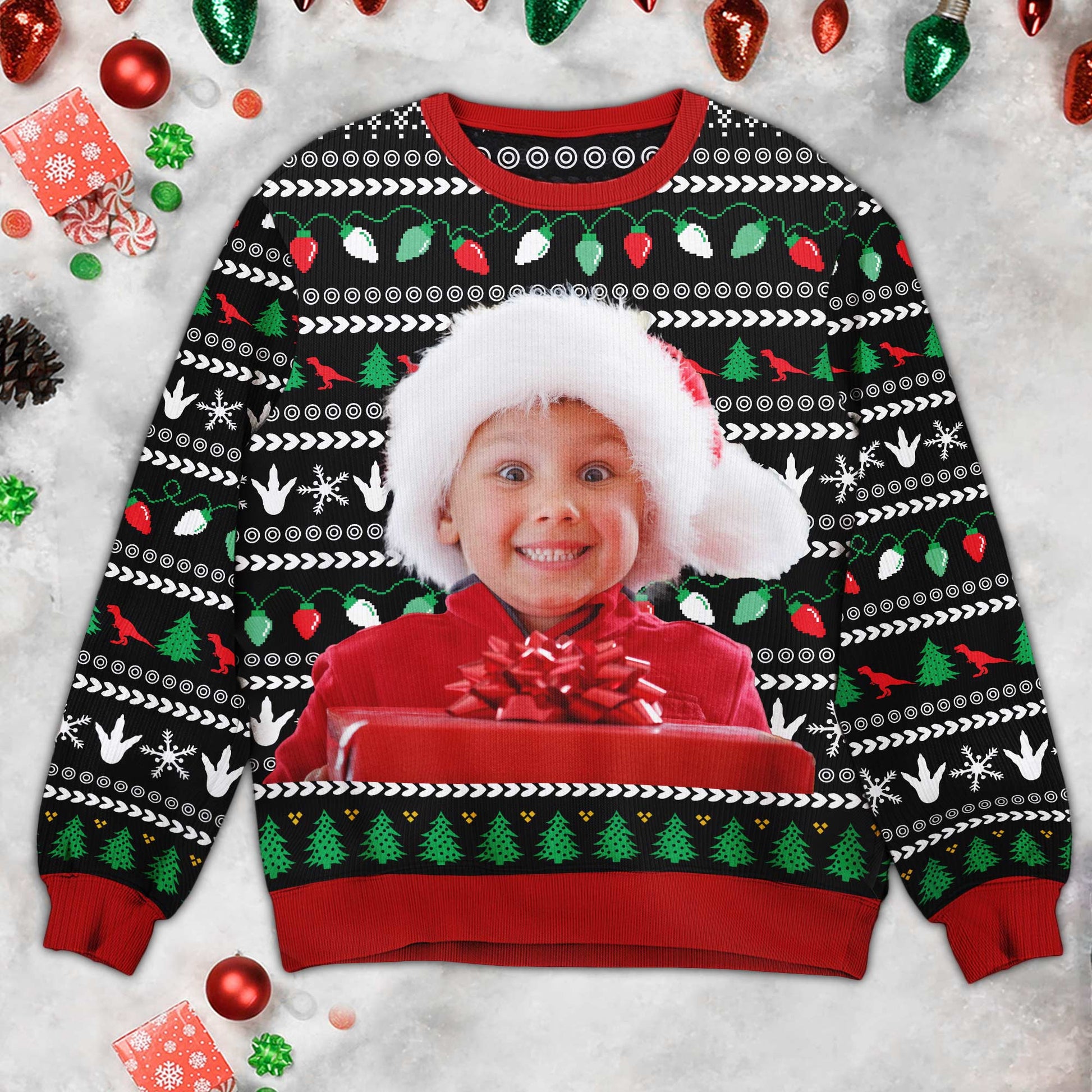 Xmas Dinosaur - Personalized Photo Kid's Ugly Sweater