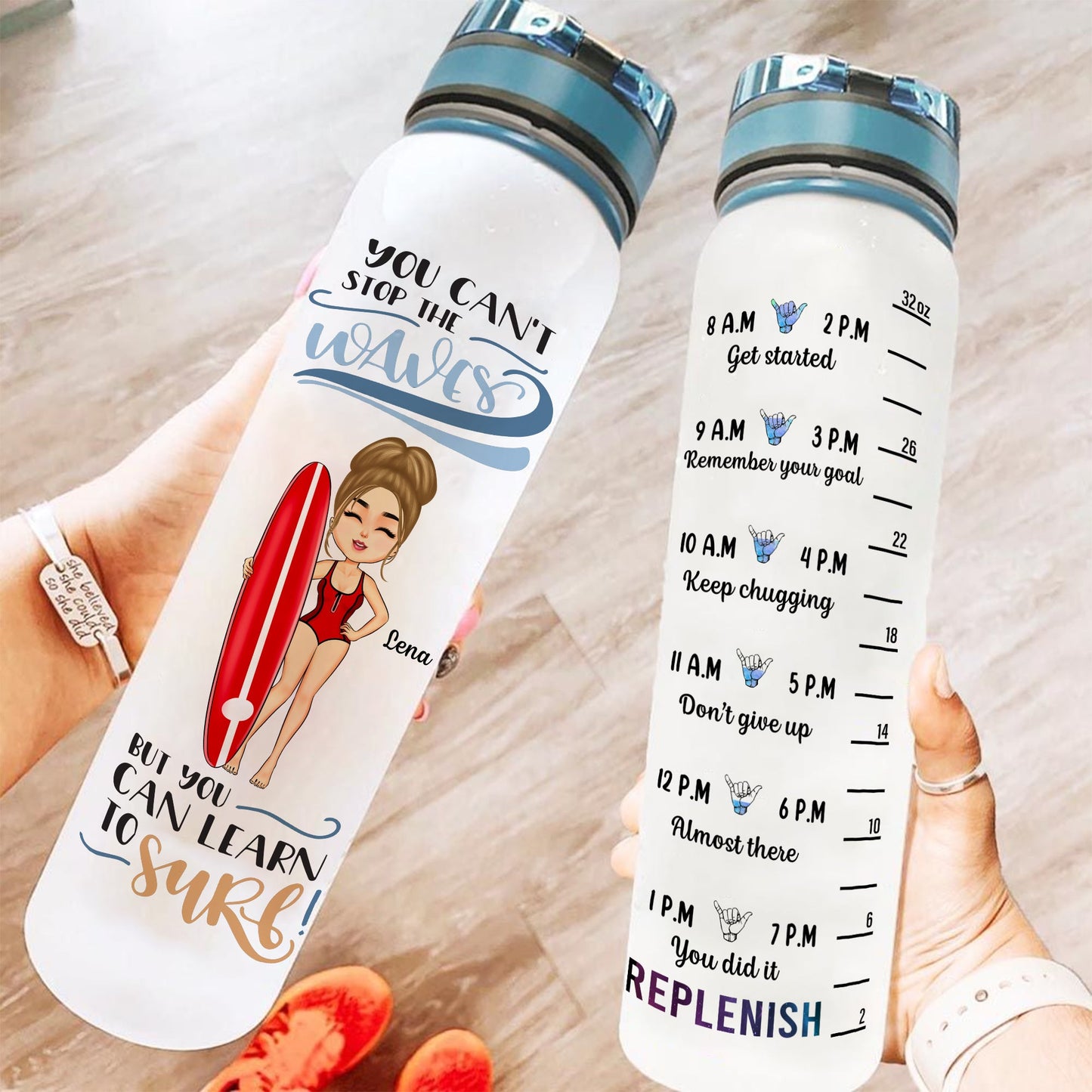 You Can't Stop The Waves But You Can Learn To Surf - Personalized Water Bottle With Time Marker - Summer, Vacation Gift For Surfing Lovers, Surfers, Beach Lover