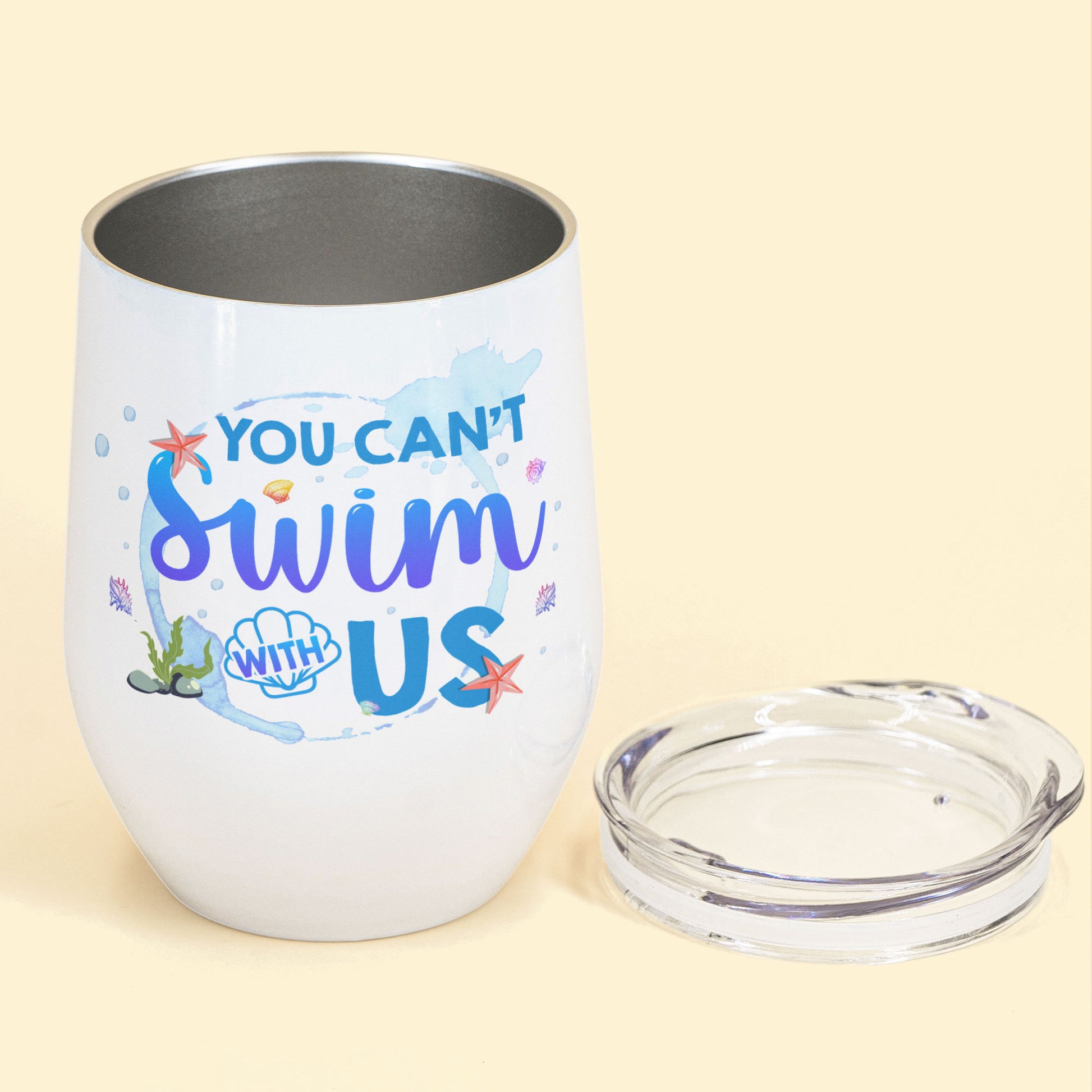 You Can't Swim With Us - Personalized Wine Tumbler - Birthday Gift For Merfriends, Mermaids, Wine Lovers, Beach Lovers, Partying  - Front Chibi Mermaid