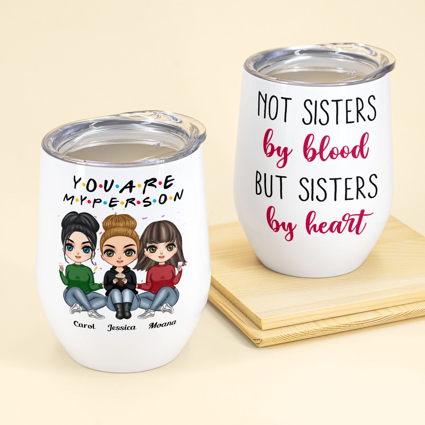 You're My Person - Personalized Wine Tumbler - Birthday, Christmas Gift For BFF, Best Friends, Besties, Soul Sisters - Sitting Cartoon Girls