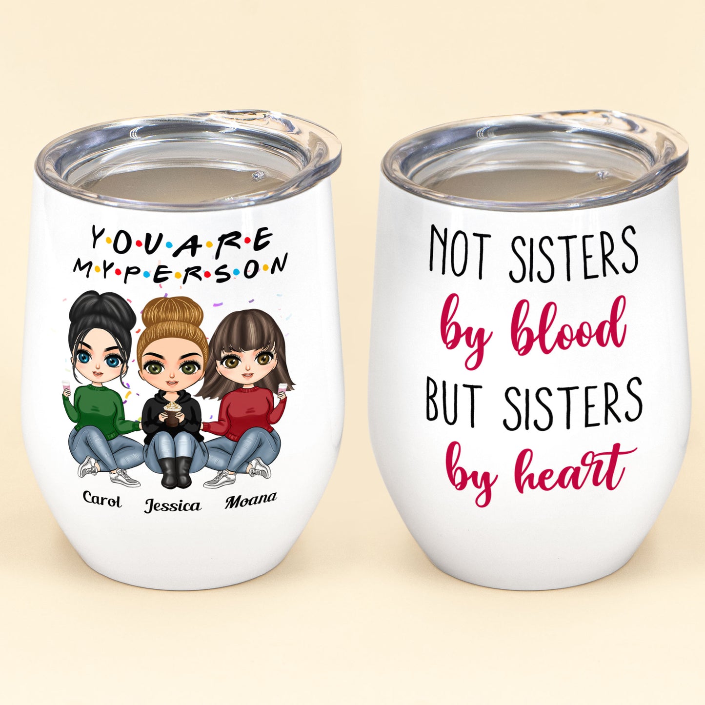 You're My Person - Personalized Wine Tumbler - Birthday, Christmas Gift For BFF, Best Friends, Besties, Soul Sisters - Sitting Cartoon Girls
