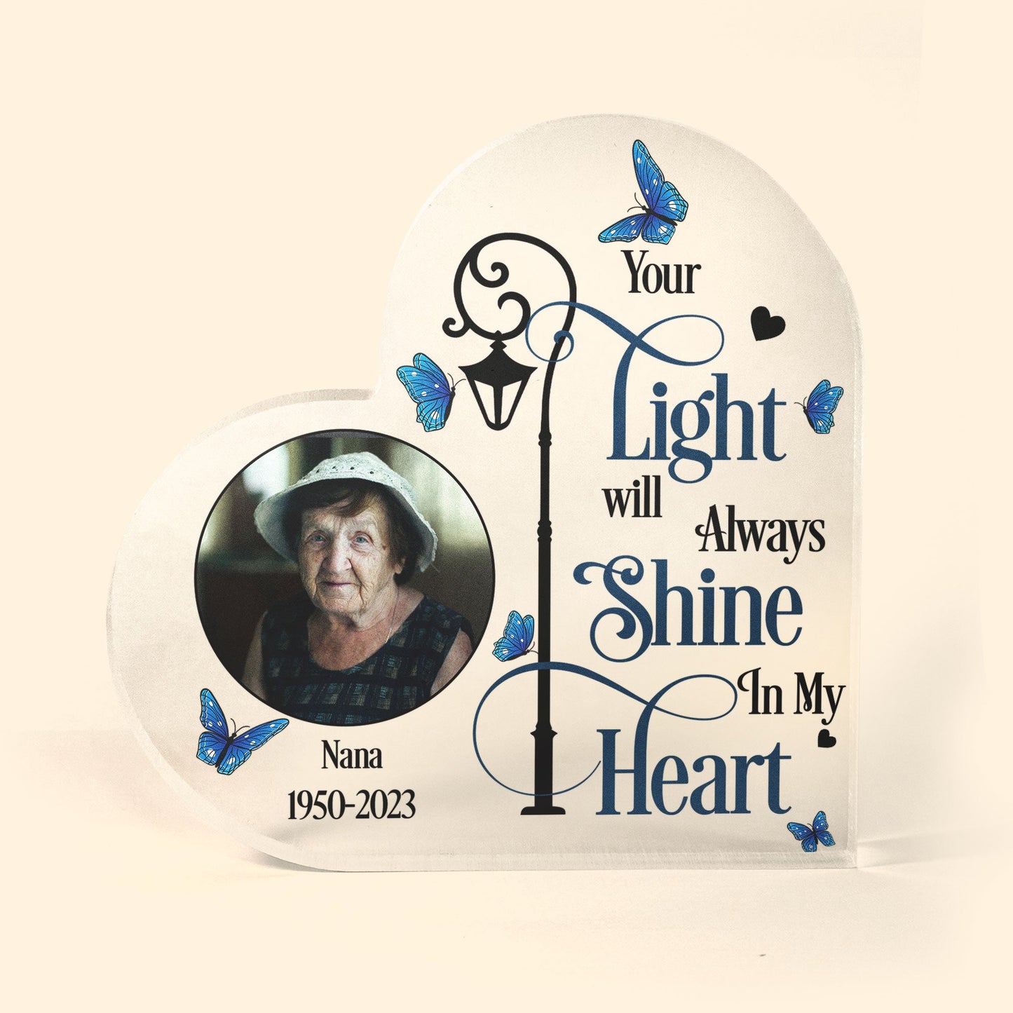 Your Light Will Always Shine In My Heart - Personalized Heart Shaped Acrylic Photo Plaque