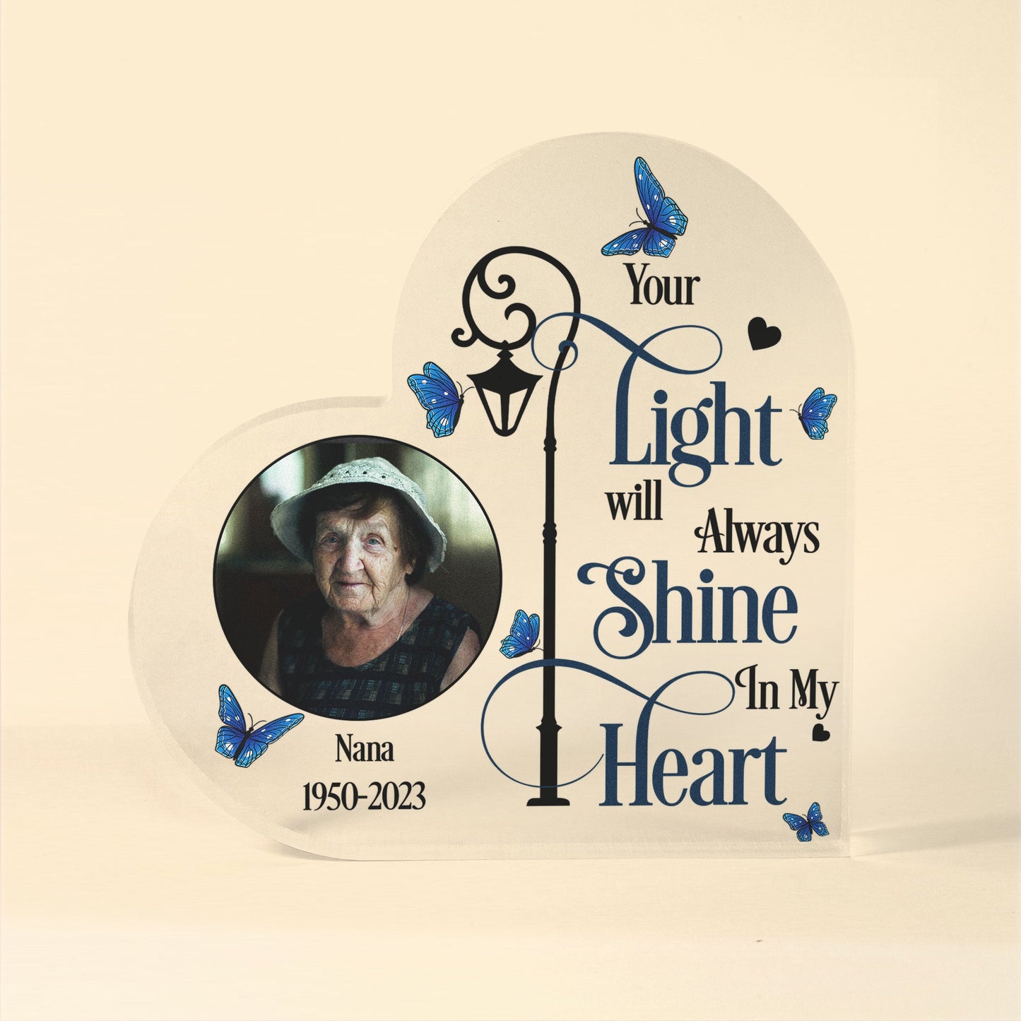 Your Light Will Always Shine In My Heart - Personalized Heart Shaped Acrylic Photo Plaque