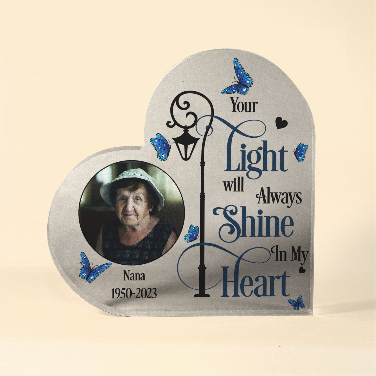 Your Light Will Always Shine In My Heart - Personalized Heart Shaped Acrylic Photo Plaque