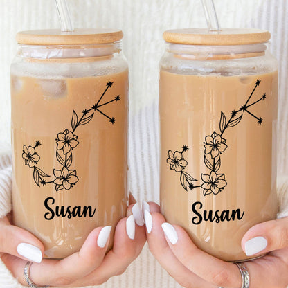Zodiac Flower Birthday Gift For Women - Personalized Clear Glass Can