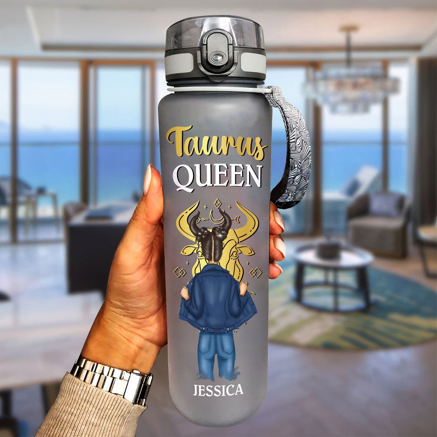 Zodiac Queen  - Personalized Water Bottle With Time Marker - Birthday, Motivation Gift For Girl, Friend, Astrology Lover