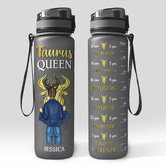 Zodiac Queen  - Personalized Water Bottle With Time Marker - Birthday, Motivation Gift For Girl, Friend, Astrology Lover