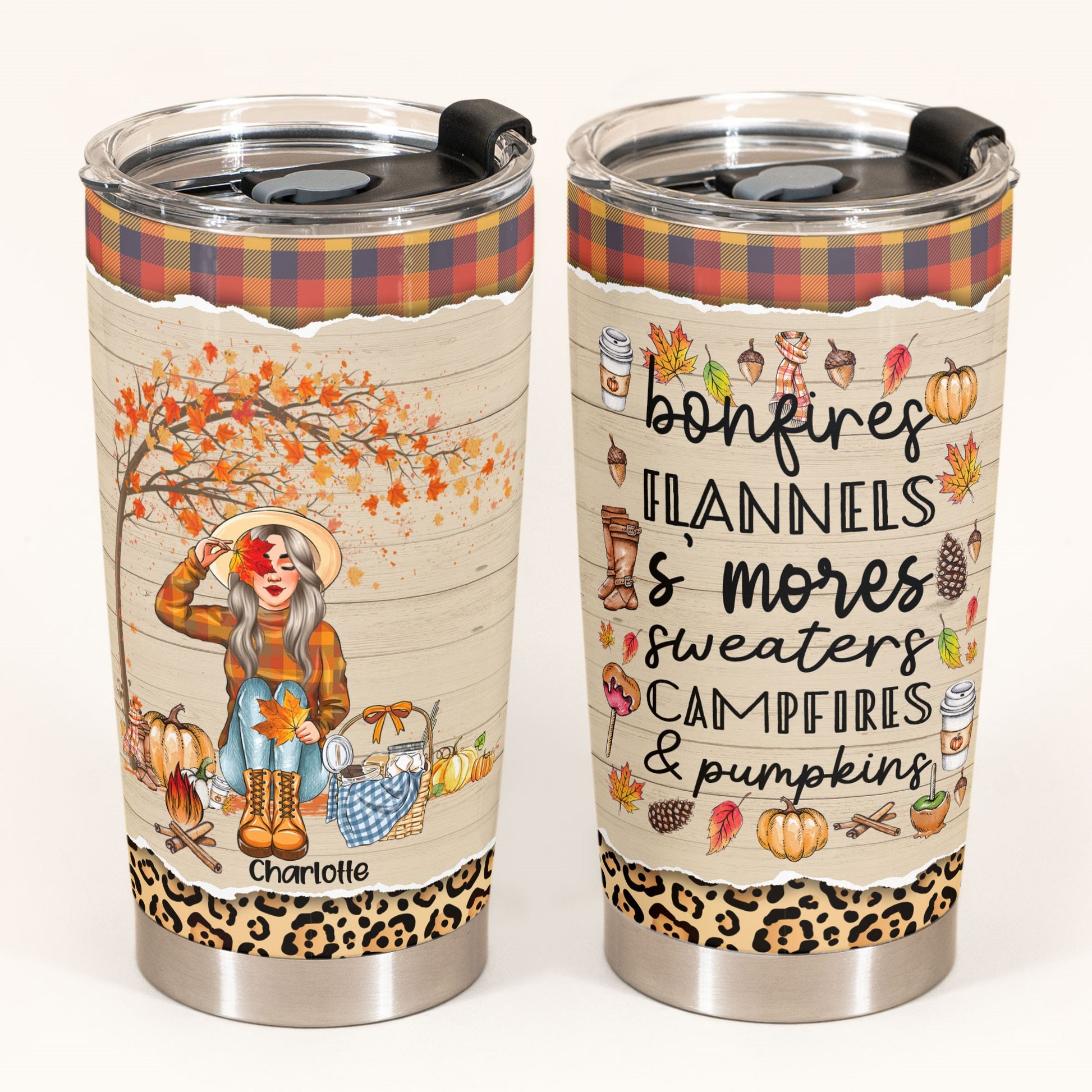 Bonfires Flannels S’mores Sweaters Campfires & Pumpkins - Personalized Tumbler Cup - Fall Season Gift For Girls - Autumn Girl Front