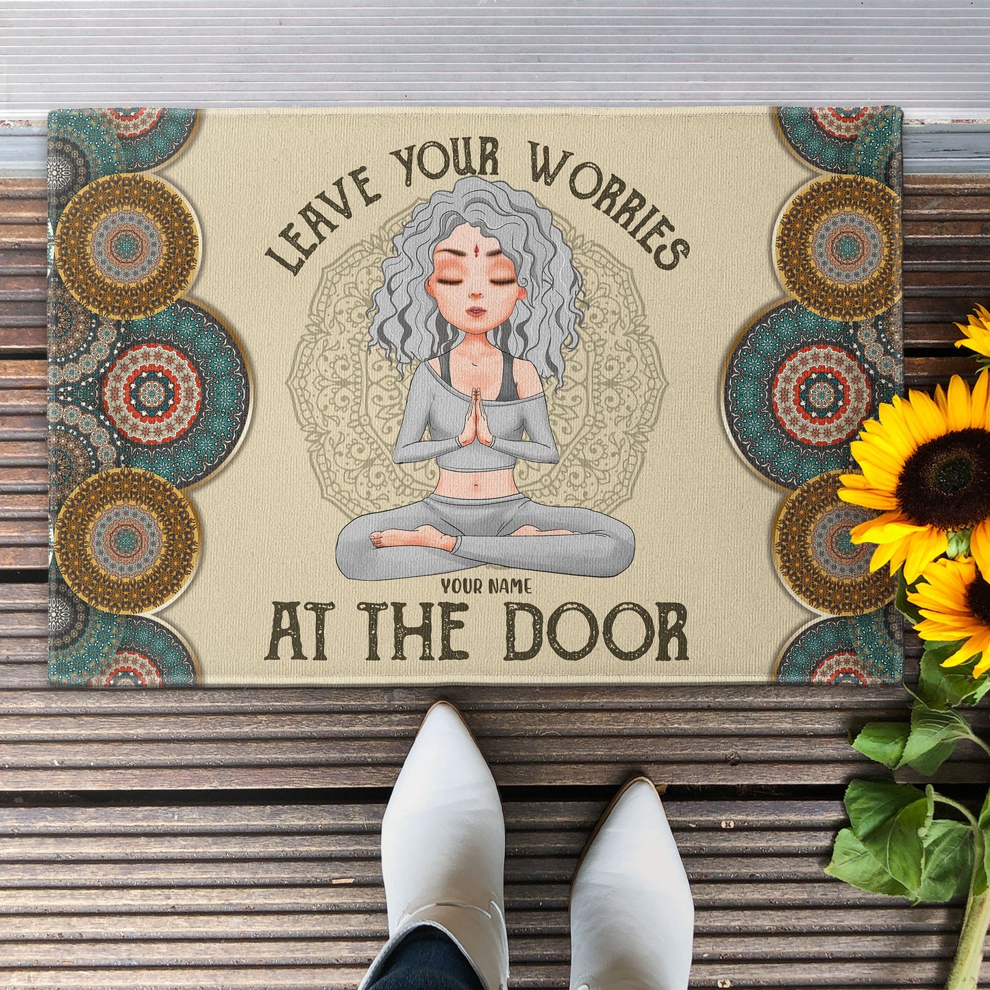 Leave Your Worries At The Door - Personalized Doormat  - Gift For Yoga Lovers - Yoga Girl Illustration
