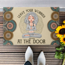 Leave Your Worries At The Door - Personalized Doormat  - Gift For Yoga Lovers - Yoga Girl Illustration