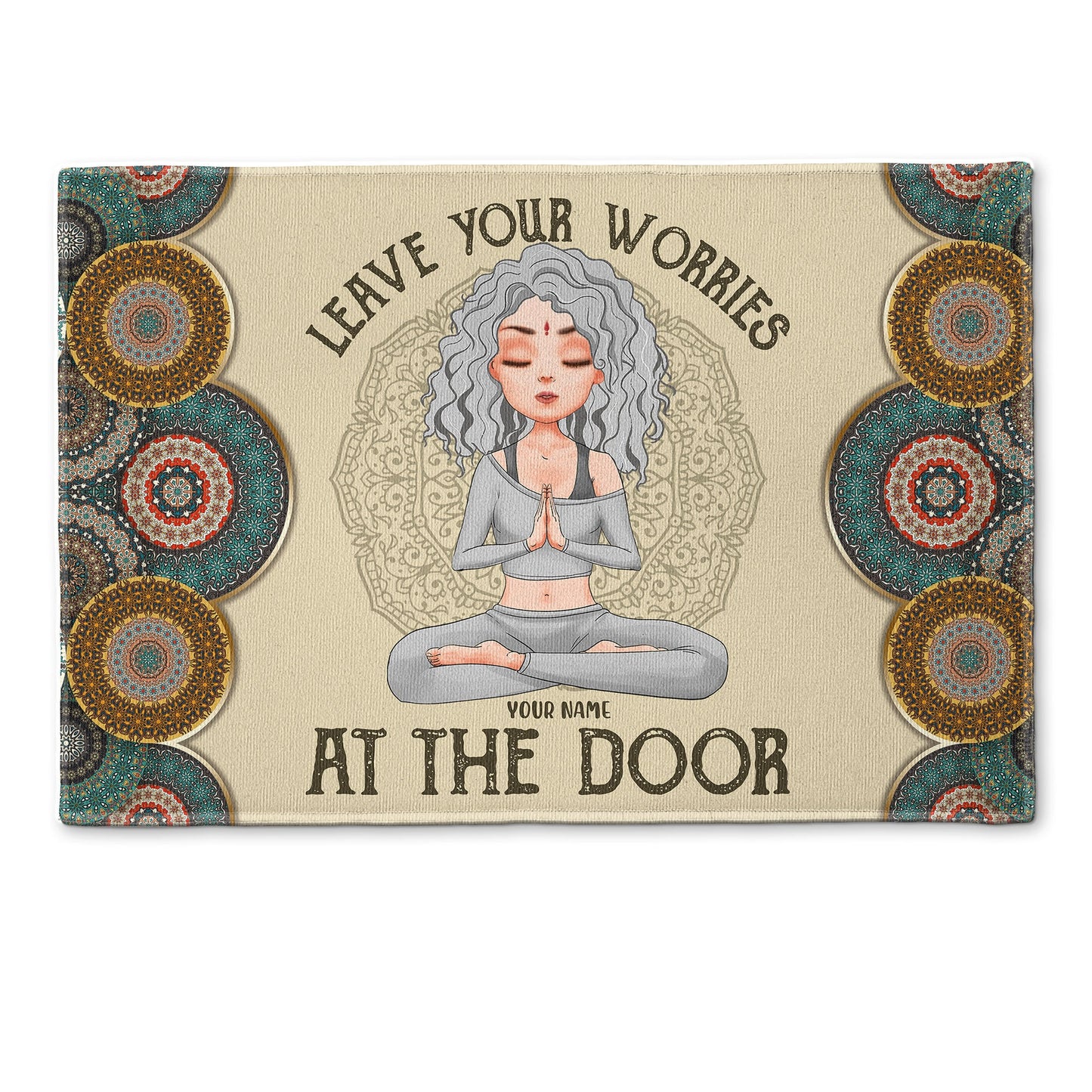 Leave Your Worries At The Door - Personalized Doormat  - Gift For Yoga Lovers - Yoga Girl Illustration