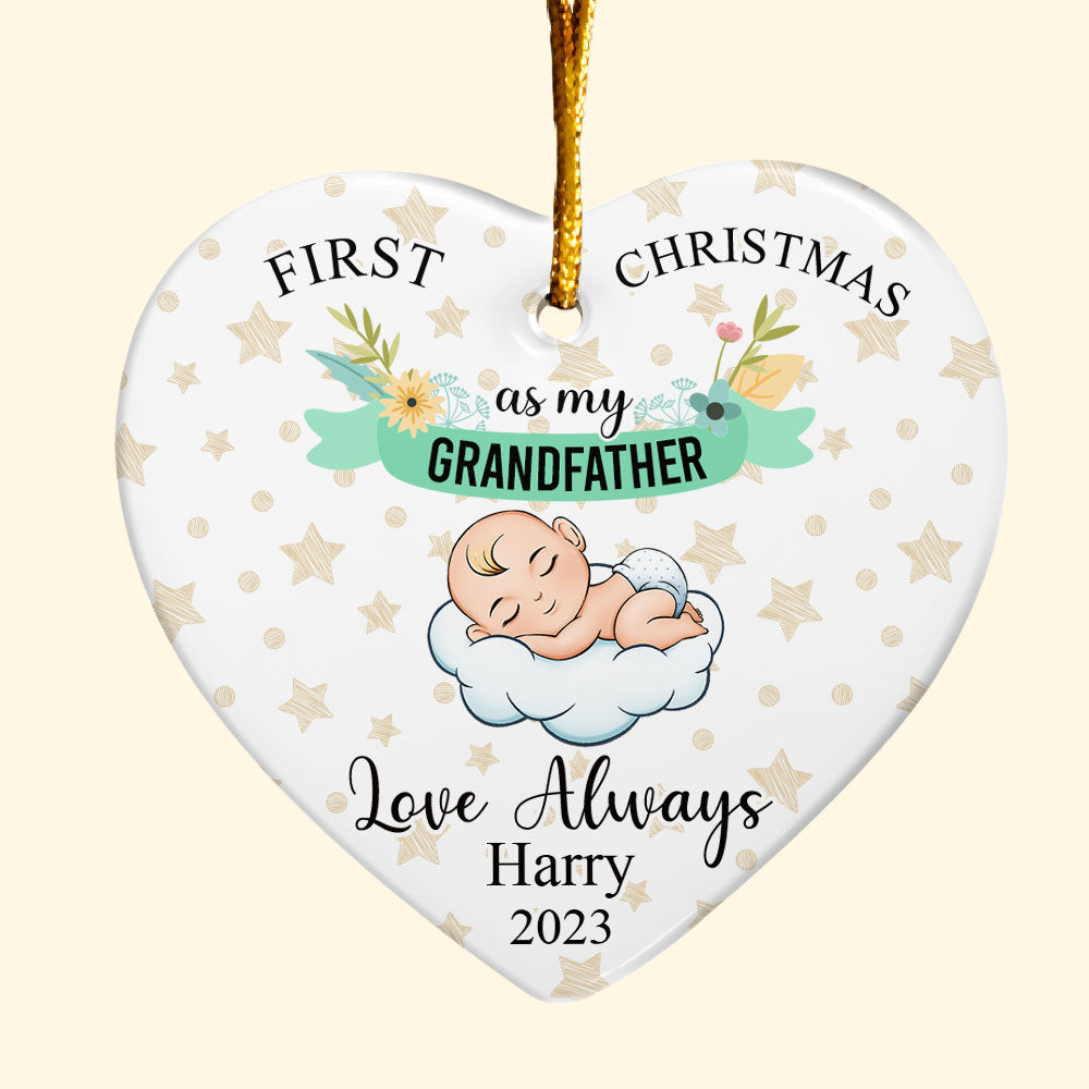 First Christmas As My Grandfather - Personalized Heart Shaped Ceramic Ornament