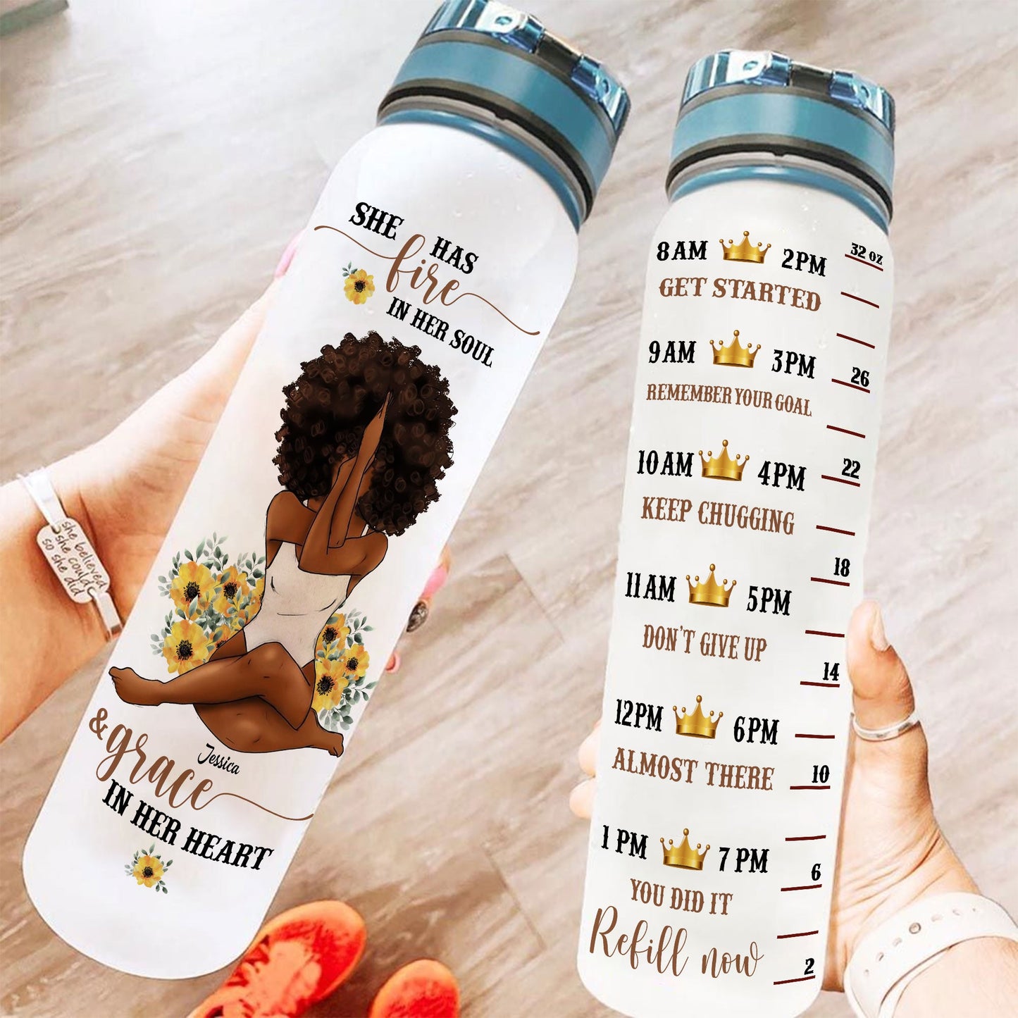 She Has Fire In Her Soul - Personalized Water Bottle With Time Marker